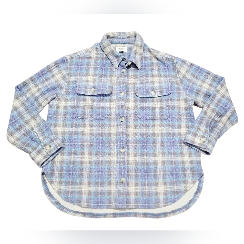 American Eagle Plaid Oversized Shacket Shirt Blue Gray Women's Size Medium SOFT - Picture 3 of 13